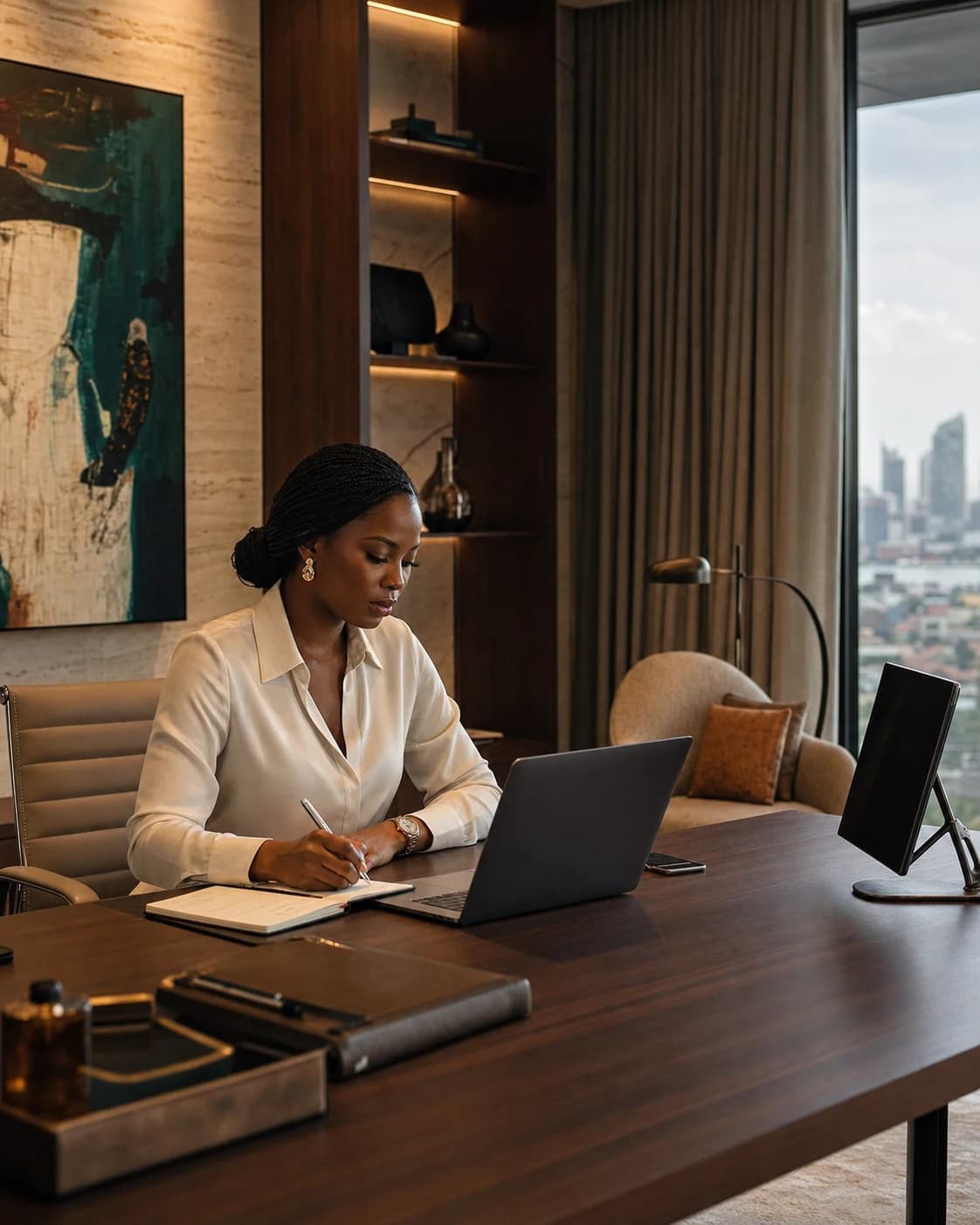 A West African strategy creator reviewing notes beside her laptop
